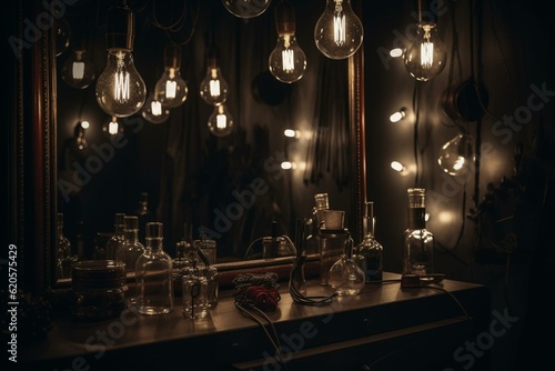 Artistic dressing room mirror with light bulbs -. Generative AI