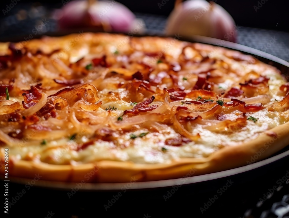 Tarte Flambée with thinly sliced onions, bacon, and a creamy base on a crispy crust