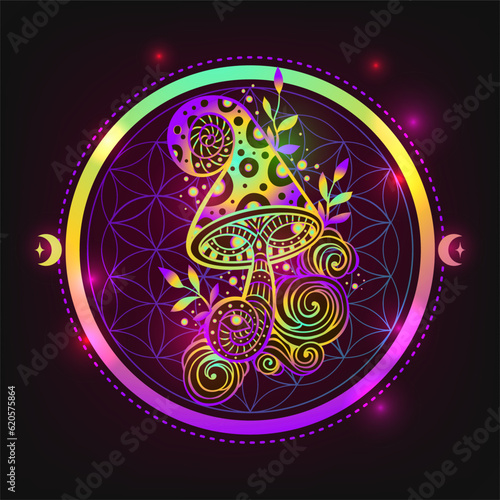Magic Mushrooms. Psychedelic poster.Vector illustration. Zen boho art. Decorative mushrooms, hippie, neon, hallucination psilocybin 60s 70s