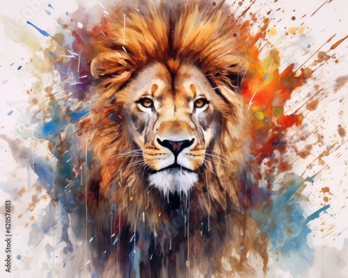 fluidity and unpredictability of watercolors by creating a dynamic and energetic lion print. bold brushstrokes and splashes of color to depict the lion's movement and power