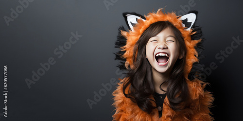 Cute Young Asian Girl Dressed as a Kitty Cat for Halloween with Space for Copy