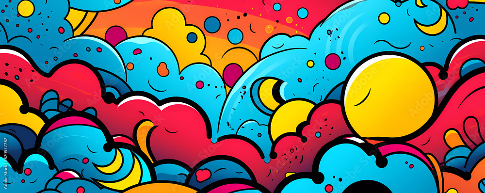 Comics illustration, retro and 90s style, pop art pattern, abstract crazy and psychedelic background, Generative AI