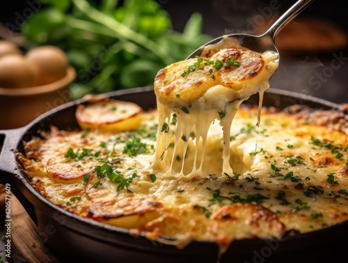Gratin Dauphinois with a wooden serving spoon and fresh herbs garnishing the dish