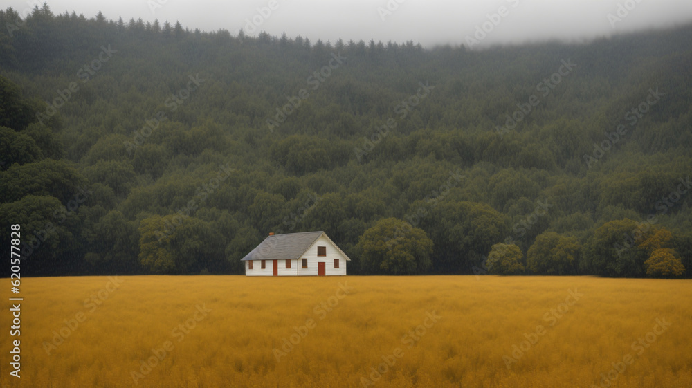 A House In A Field With Trees In The Background