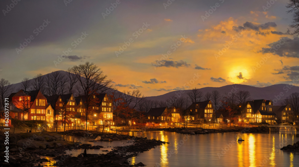 A Painting Of A Town By The Water At Night