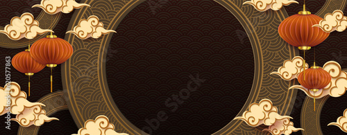 Illustration with round frame, brown clouds and lanterns in paper art style