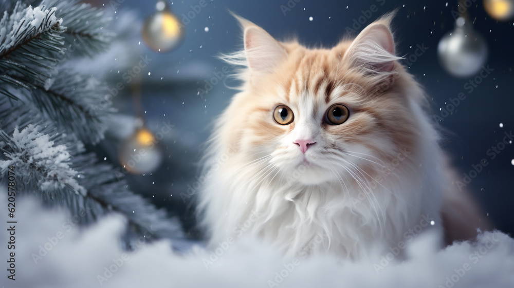 Close up cat on snow floor and blur background. Christmas background concept.