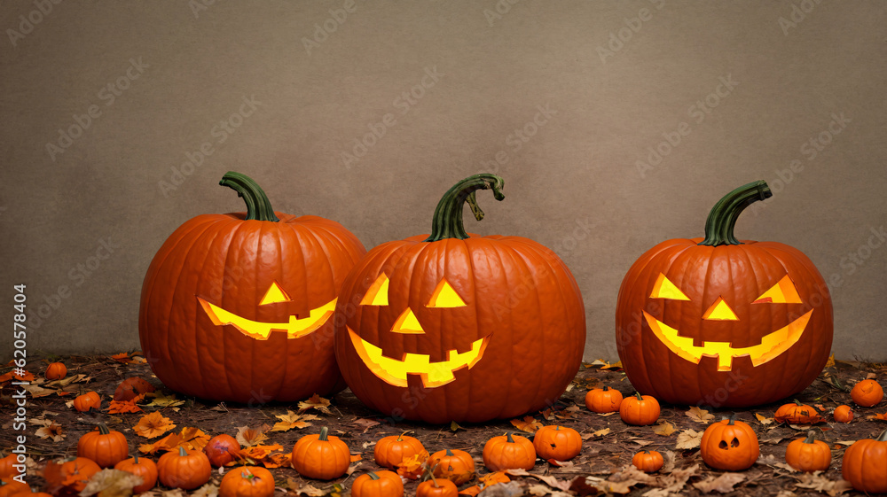 Three Carved Pumpkins Sitting On Top Of A Pile Of Leaves Three Carved Pumpkins Sitting On Top Of A Pile Of Leaves