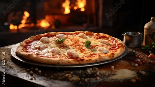 Traditional food photography - Italian pizza margherita, isolated on dark table background, top view (Generative Ai)