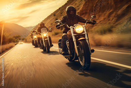 friends riding toghether at sunset group of motorcycle ai generated art © mihail
