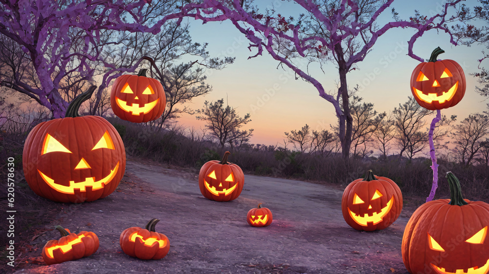 A Group Of Carved Pumpkins Sitting On Top Of A Dirt Road A Group Of Carved Pumpkins Sitting On Top Of A Dirt Road