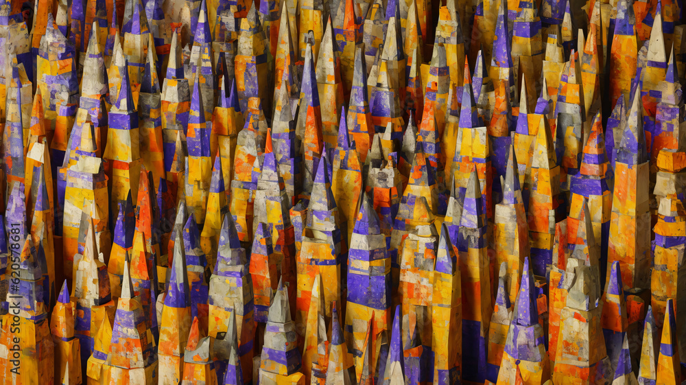 A Group Of Orange, Purple, And Yellow Paper Cones