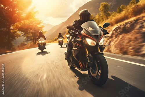 group of motorcycle riders riding toghether at sunset ai generated art