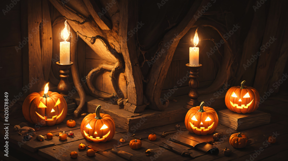 A Group Of Carved Pumpkins Sitting On Top Of A Wooden Table A Group Of Carved Pumpkins Sitting On Top Of A Wooden Table