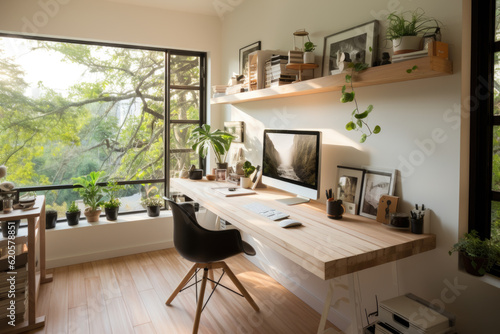 Beautiful and cosy  home office setup with a sleek desk, ergonomic chair, minimalist decor, and ample natural light, offering a functional and aesthetic workspace © Jasmina