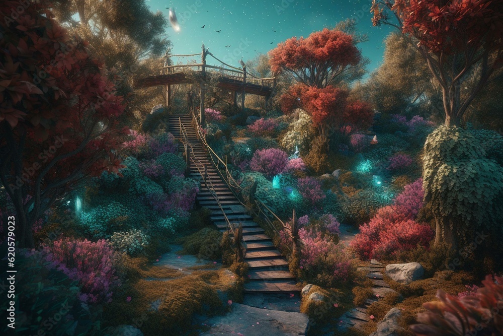Fototapeta premium Illustration of a fantastical garden with colorful foliage and blossoms. Generative AI