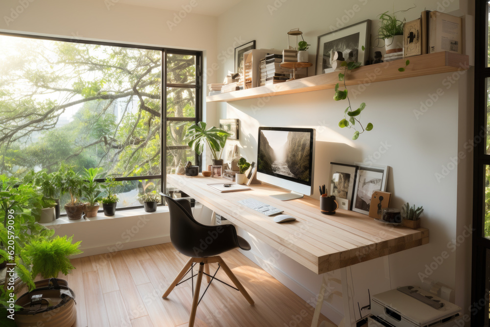 Beautiful and cosy home office setup with a sleek desk, ergonomic chair ...
