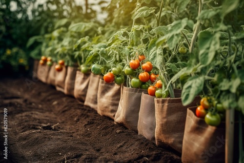 A row of fabric grow bags filled with cherry tomatoes and other veggies growing in an organic home garden during summer. Generative AI photo