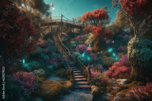 Illustration of a fantastical garden with colorful foliage and blossoms. Generative AI