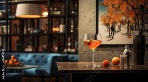 Exquisite Sidecar Cocktail  Served in a Beautiful Glass under a Dark Wooden Table in a Luxurious Setting