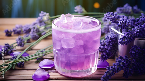 Natural purple lavender slush cocktail organic drink beverage in the table Provence in the garden summer lemonade infused water banner copy space. 