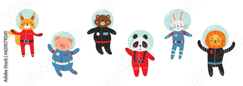 Vector set of space animals in spacesuits. Panda, rabbit, bear, squirrel, pig, lion in flat style. Concept for children's banner, greeting card, print. Isolated objects on white background. 