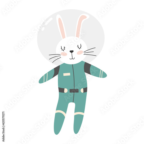 Rabbit in a spacesuit. Vector illustration of a cute space animal. Beautiful vector character. Space theme. Child character in flat style. Isolated object on white background. 