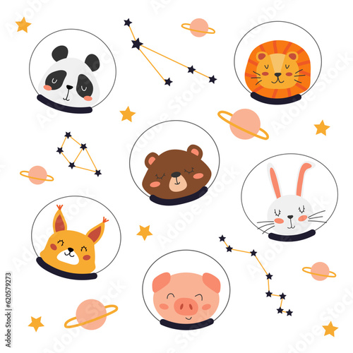 Hand-drawn vector illustration of cute animals in space. Animal heads in helmets. Panda, lion, rabbit, piggy in space. Flat design in Scandinavian style. Children illustration, space set.