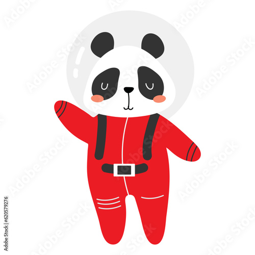 Panda in a spacesuit. Vector illustration of a cute space animal. Beautiful vector character. Space theme. Child character in flat style. Isolated object on white background. 