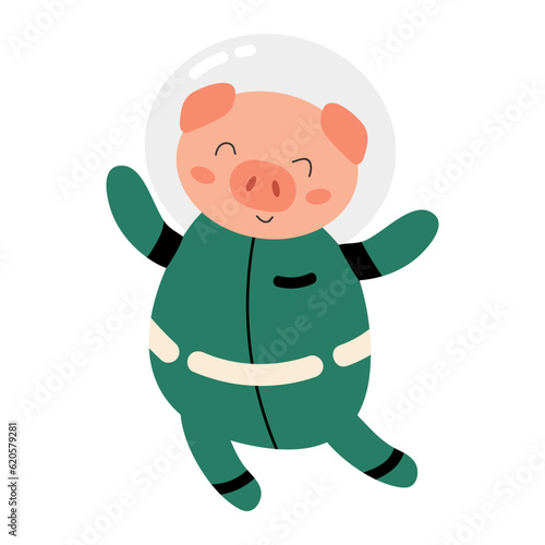 Piggy in a spacesuit. Vector illustration of a cute space animal. Space theme. Pig in space. Isolated object on white background. 