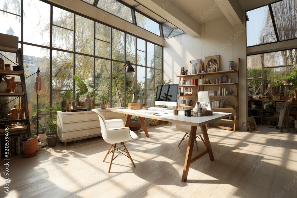 Beautiful and cosy home office setup with a sleek desk, ergonomic chair, minimalist decor, and ample natural light, offering a functional and aesthetic workspace