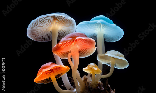 A mix of fluorescently lit mushrooms, isolated on black. Delicate, beautiful, nature photo