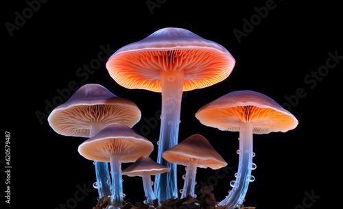 A mix of fluorescently lit mushrooms, isolated on black. Delicate, beautiful, nature © ImageDesign