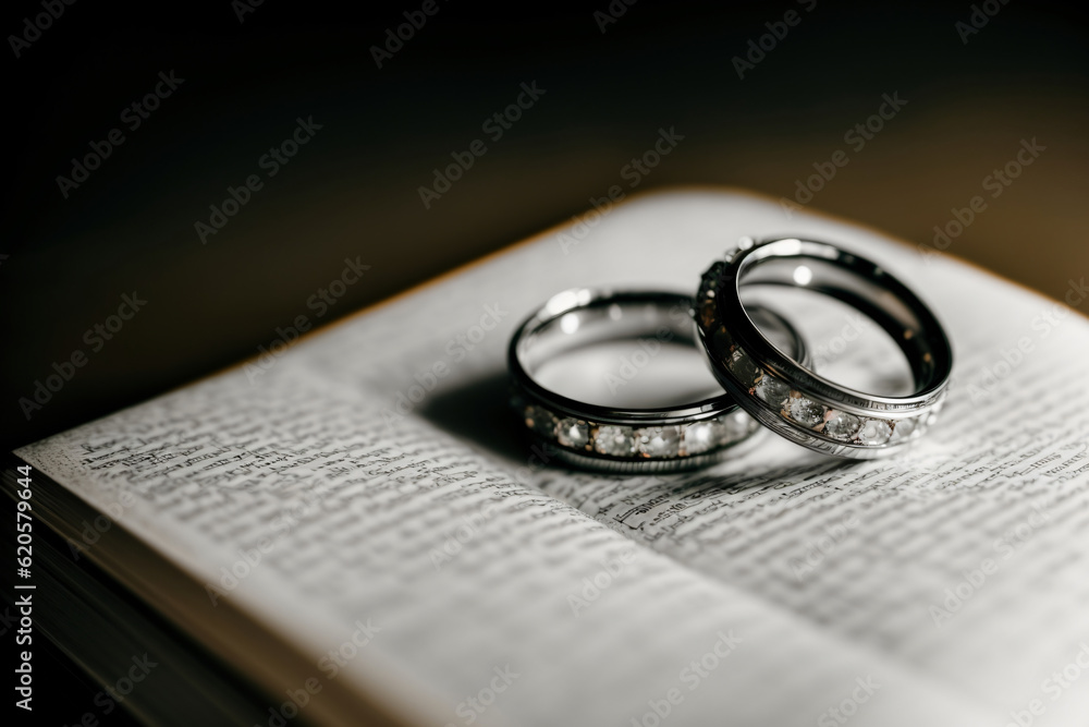 Two Wedding Rings Sitting On Top Of An Open Book Two Wedding Rings Sitting On Top Of An Open Book