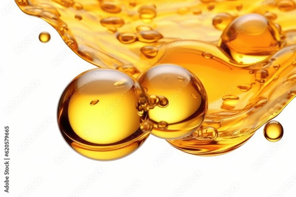 Golden yellow abstract oil bubbles or face serum isolated on white background.  Generative AI