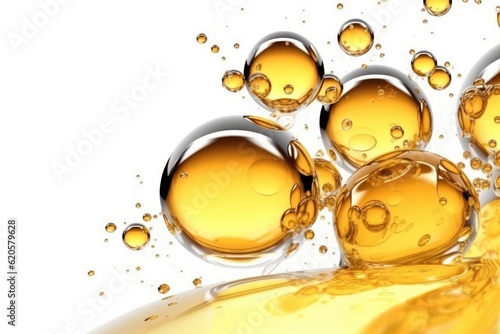 Golden yellow abstract oil bubbles or face serum isolated on white background.  Generative AI