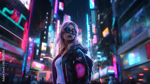 anime girl walking in the cyberpunk city at night