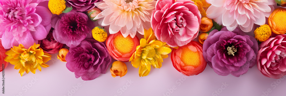 bright floral banner with dahlias, ranunculus, chrysanthemums on a pastel color background, AI generated bright floral banner with dahlias, ranunculus, chrysanthemums on a pastel color background, AI generated