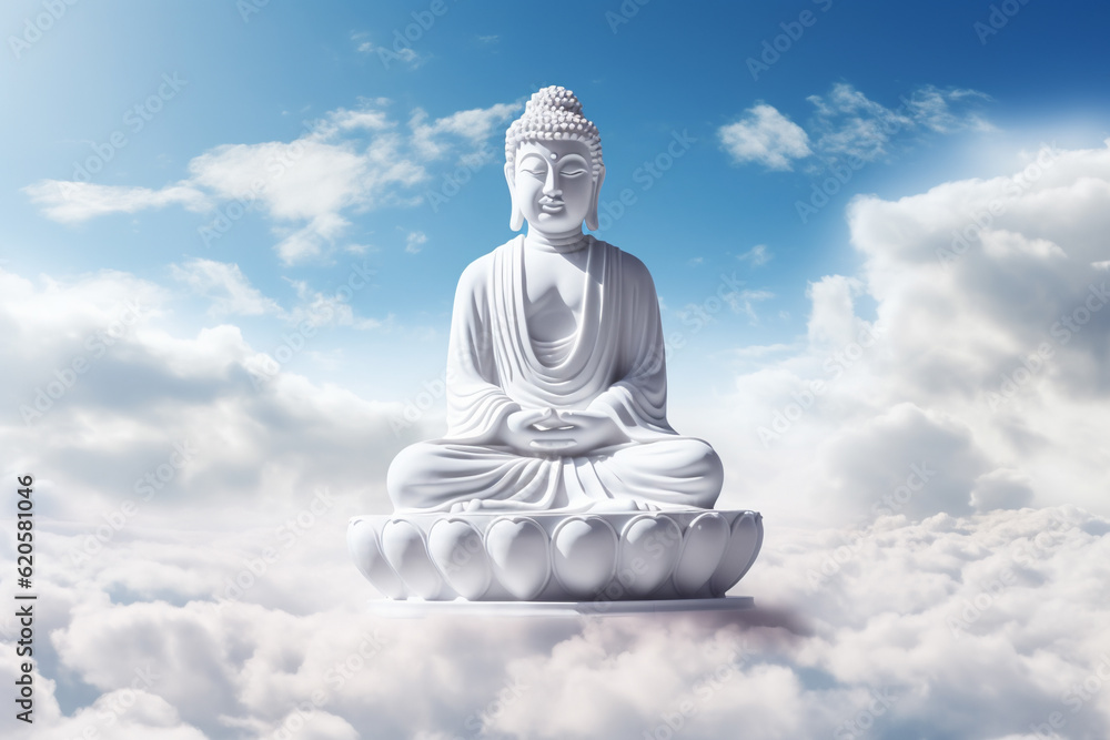 white stone Buddha statue in white clouds in the sky, mindfulness concept, AI generated white stone Buddha statue in white clouds in the sky, mindfulness concept, AI generated