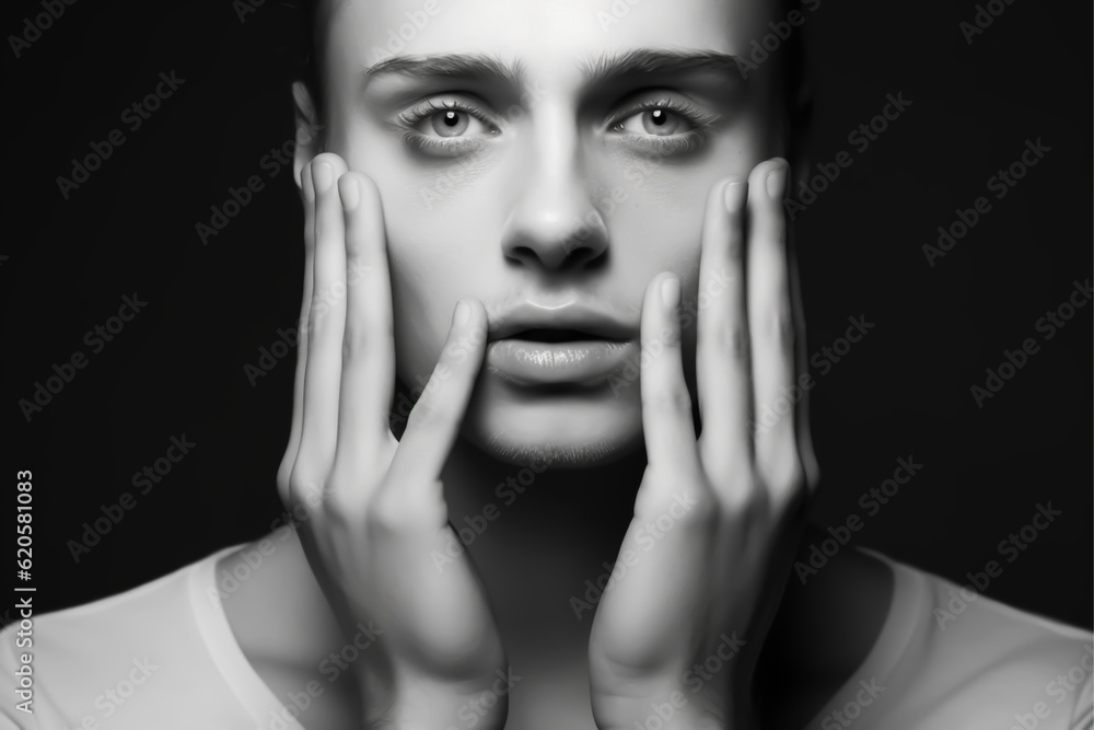 Close-up black and white portrait of a beautiful young androgynous person covering their face with their hands - isolated, copy space, black background Close-up black and white portrait of a beautiful young androgynous person covering their face with their hands - isolated, copy space, black background