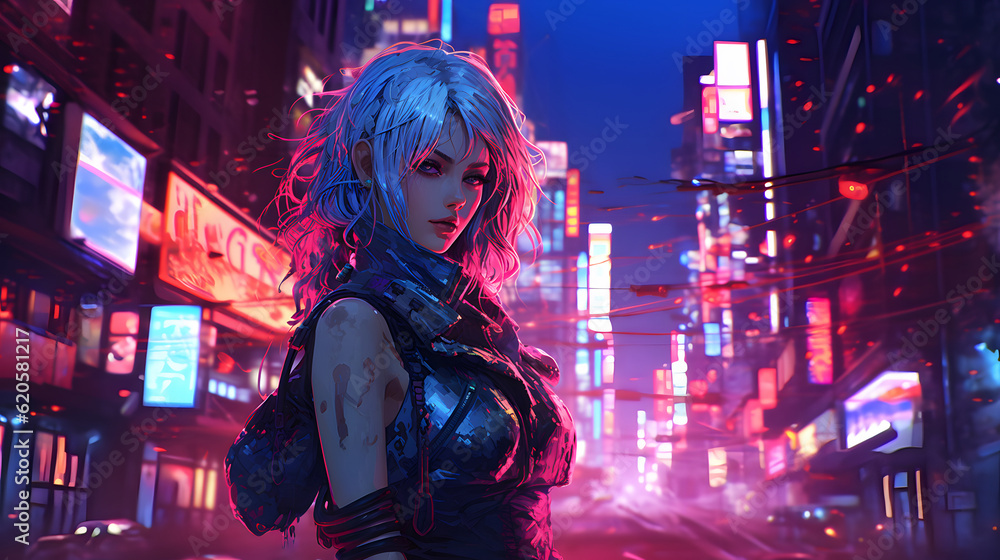 anime girl walking in the cyberpunk city at night