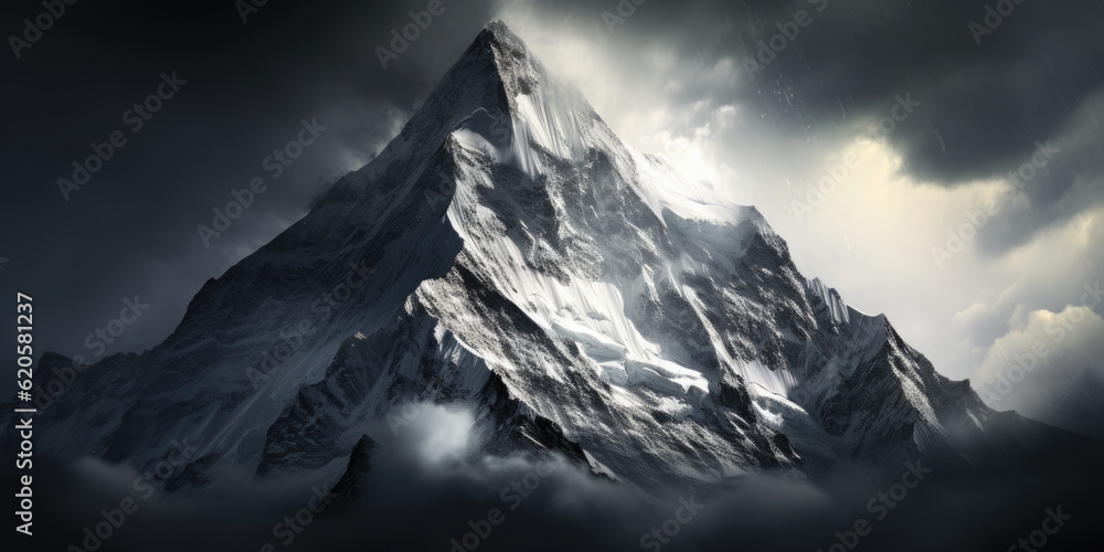 A very tall mountain covered in snow under a cloudy sky. Generative AI.