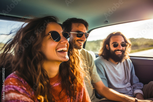 Generative ai best friends male and female enjoying traveling by car © Eugenio Marongiu