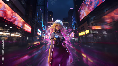anime girl walking in the cyberpunk city at night