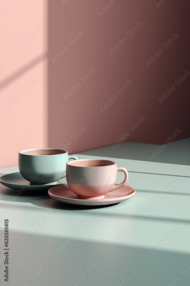 Two coffee mugs on a table, lights and shadows, pastel colors. Generative AI.