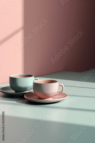 Obraz na płótnie Two coffee mugs on a table, lights and shadows, pastel colors. Generative AI. w salonie