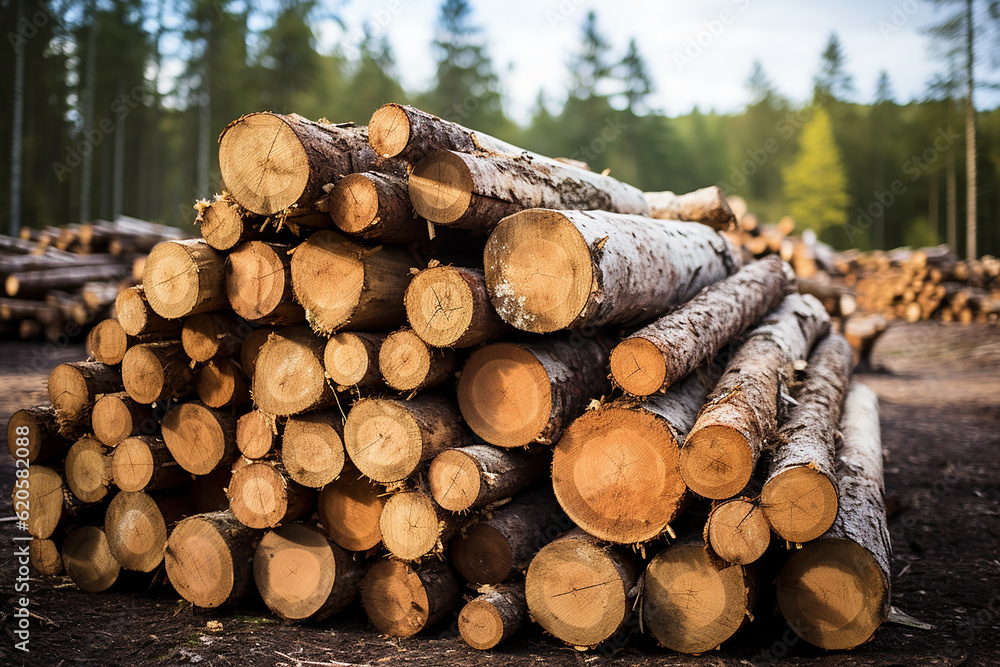 Stacked logs. The concept of the problem of ecology and deforestation. Generative AI Stacked logs. The concept of the problem of ecology and deforestation. Generative AI