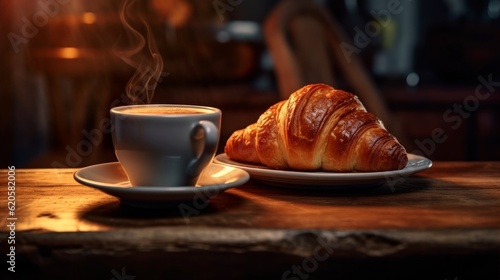 freshly baked croissant with a cup of steaming coffee on a wooden table