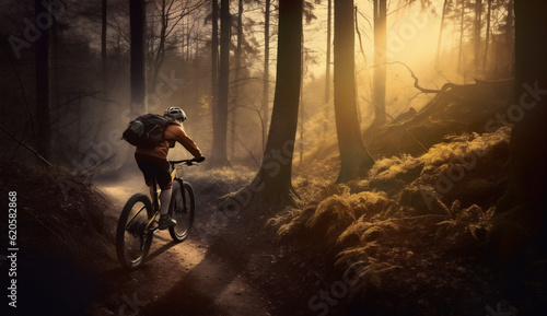 outdoors woman summer bicycle sport dark walking sunset cycling bike forest. Generative AI. © VICHIZH