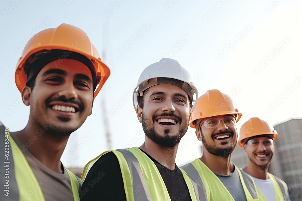 group of young construction workers with helmets group of young construction workers with helmets